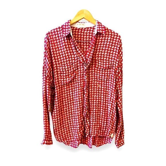 La Sarte Pettegole Blouse Size Medium Red White Pattern Twisted Ruffle Checkered - Picture 1 of 13